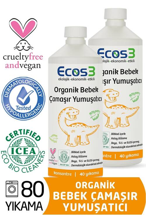 Ecos3 Organik Bebek Çamaşır Yumuşatıcı- 80 Yıkama - (2 x 1000 ml)