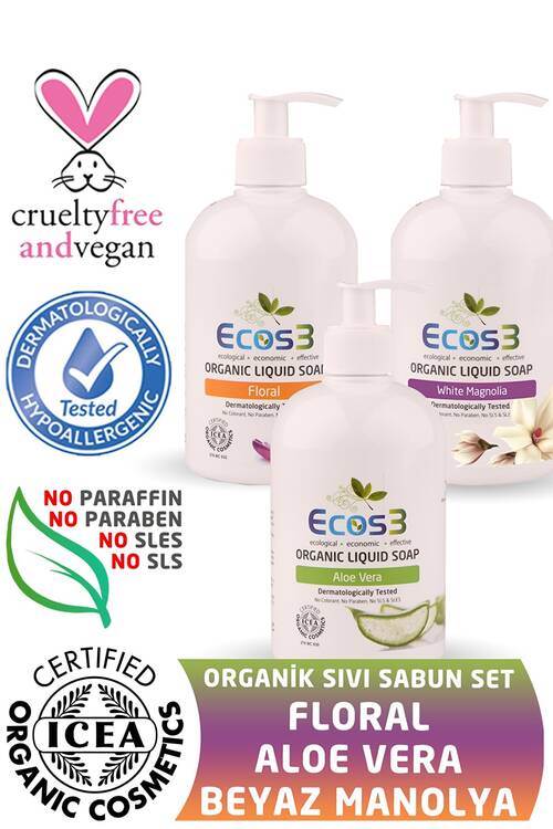 Ecos3 Organik Sıvı Sabun Aloe Vera + Floral + Beyaz Manolya 500 ml x 3
