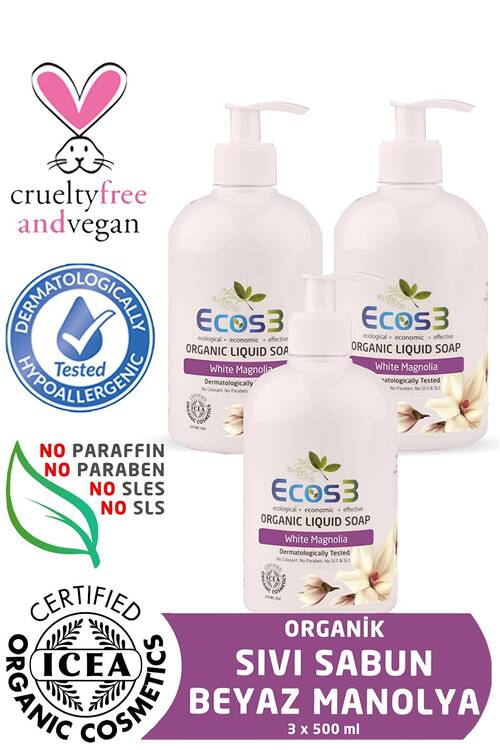 Ecos3 Organik Sıvı Sabun Beyaz Manolya 3'Lü Set 500 ml x 3