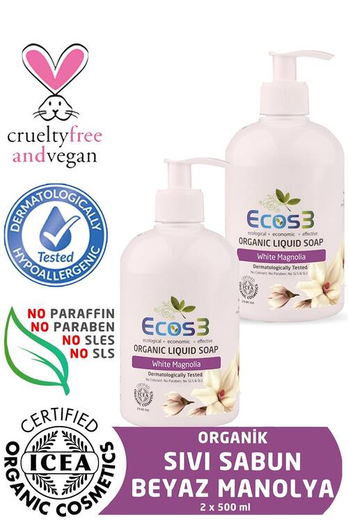 Ecos3 Organik Sıvı Sabun Beyaz Manolya 2’li SET (2 x 500 ML)
