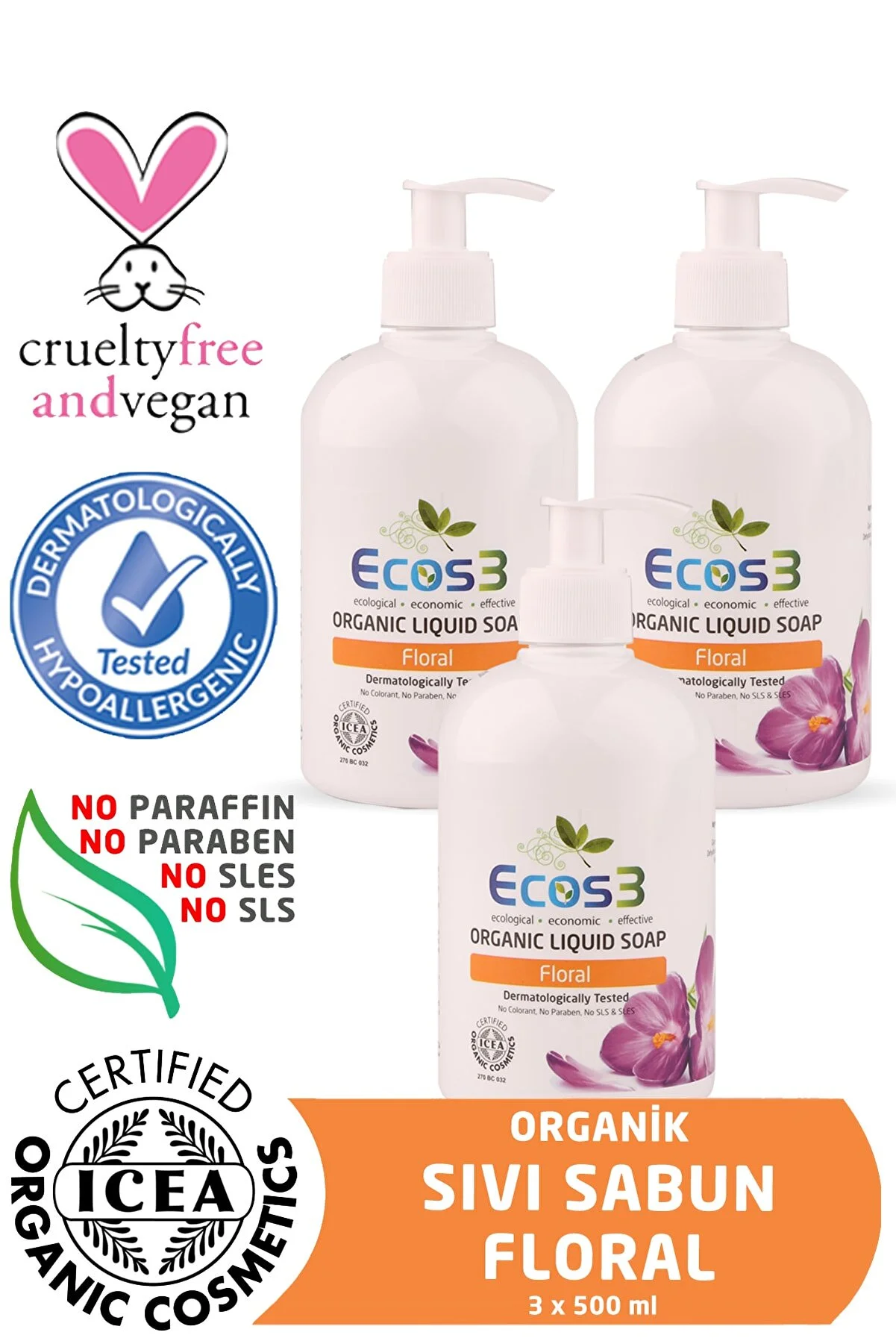 Ecos3 - Ecos3 Organik Sıvı Sabun Floral 3'Lü Set 500 ml x 3 Ecos3 - Ecos3 Organik Sıvı Sabun Floral 3'Lü Set 500 ml x 3