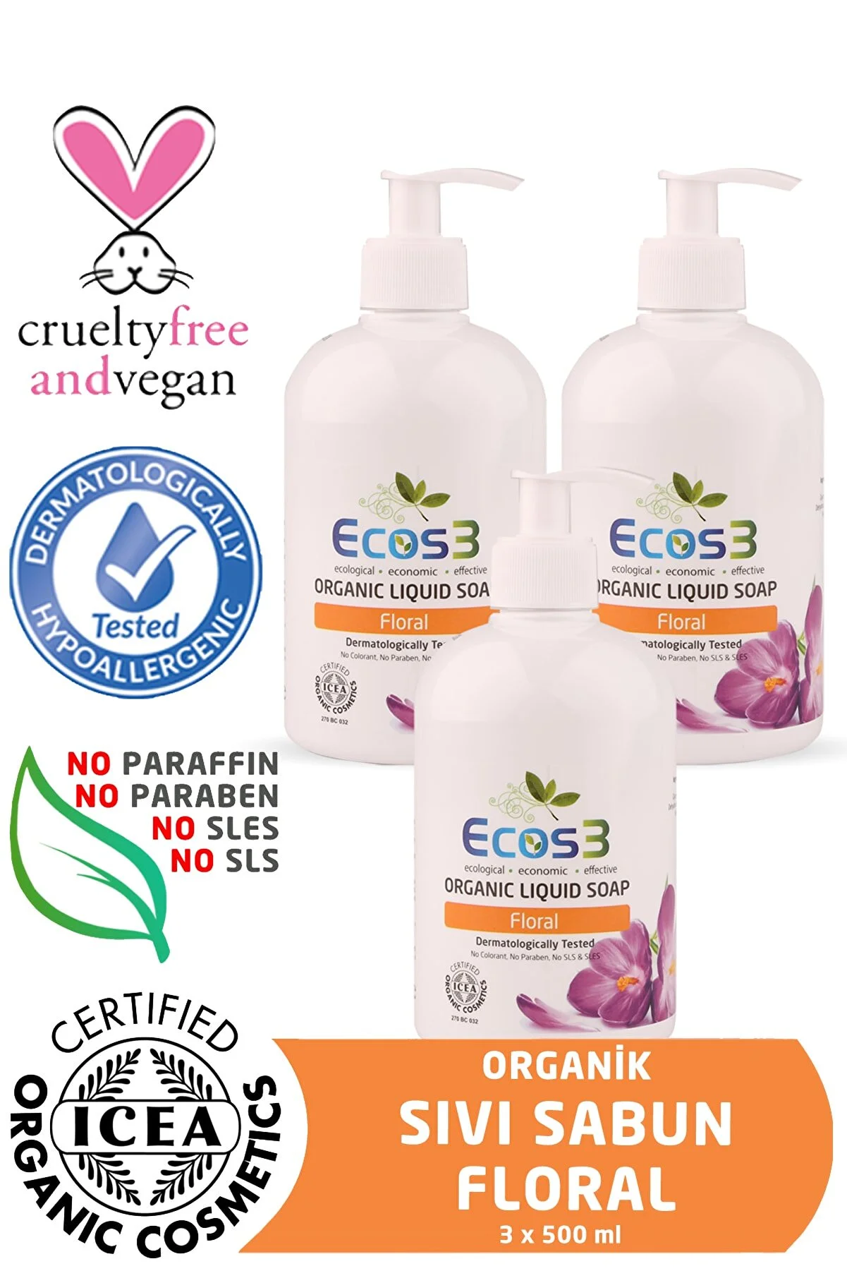 Ecos3 Organik Sıvı Sabun Floral 3'Lü Set 500 ml x 3