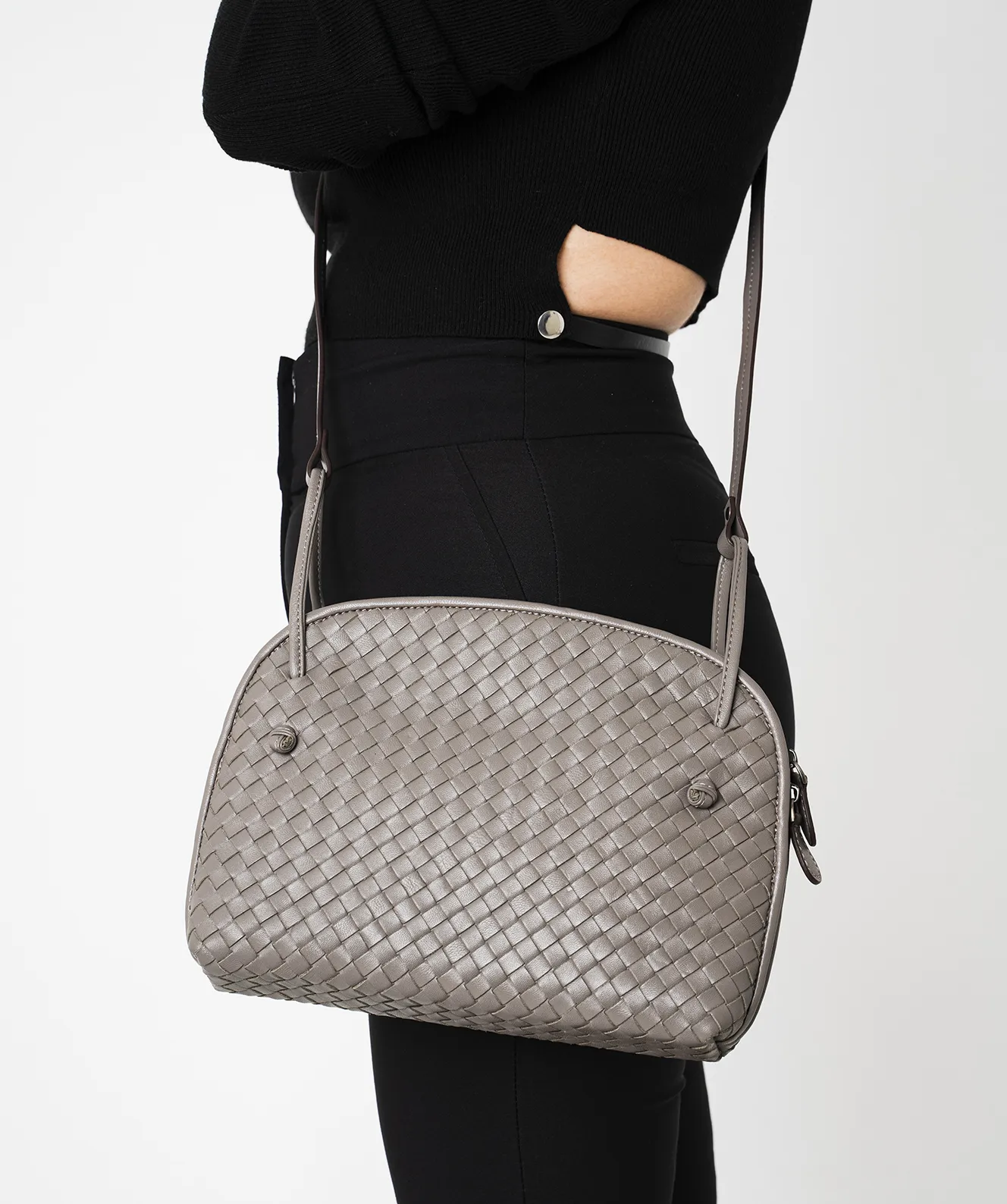 La Moda - Hakiki Deri Kadın Kol Çantası - Gri Renk