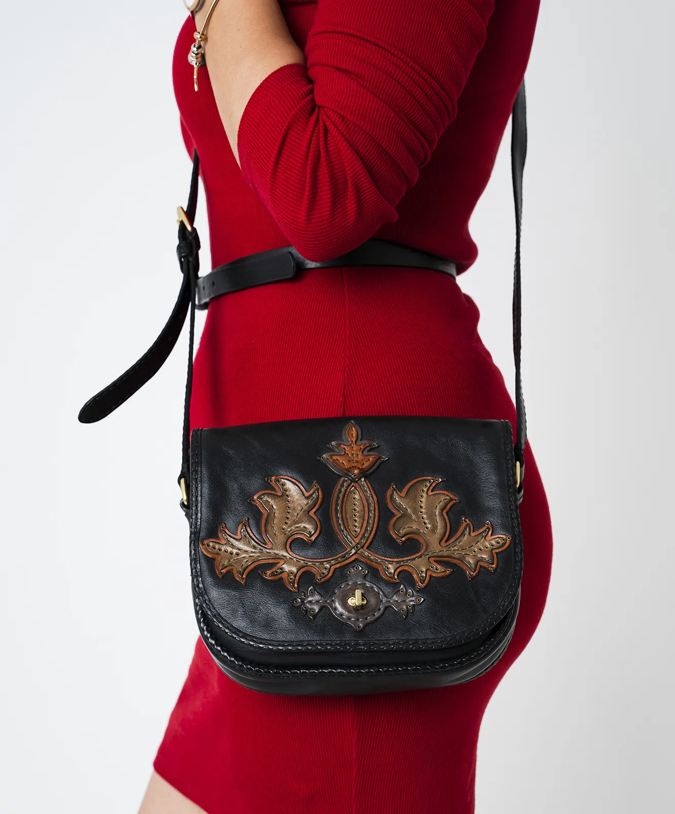 La Moda - Hakiki Deri Kadın Kol Çantası - Siyah - İşlemeli Desen