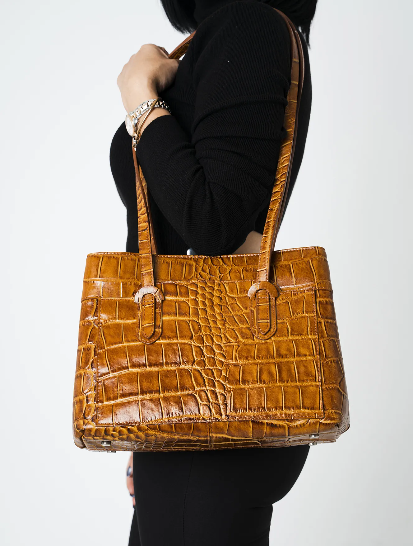 La Moda - Hakiki Deri Kadın Kol Çantası - Kahverengi Desenli