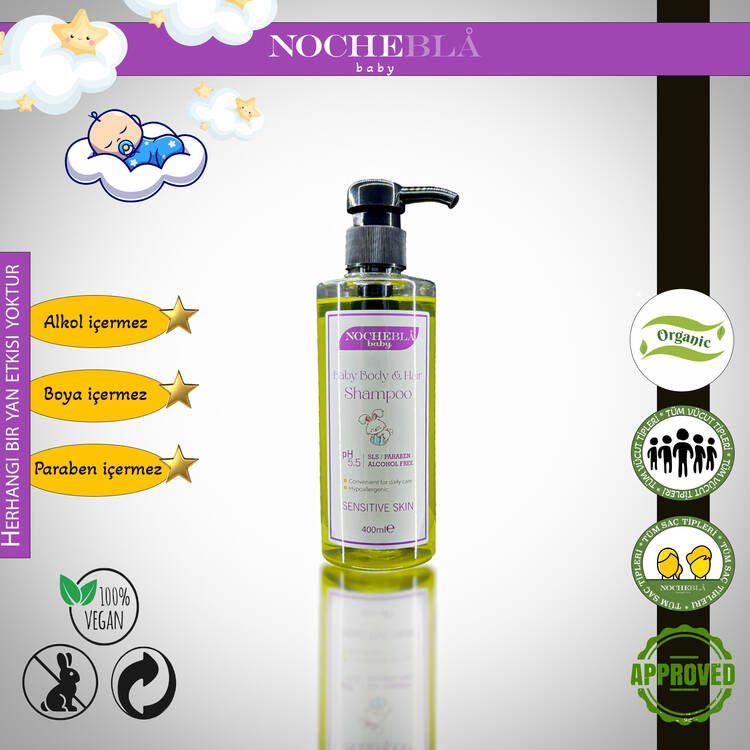 NOCHEBLA Organik Bebek Şampuanı (400ML) - Organik Ve Hipoalerjenik Bebek Saç & Vücut Şampuanı 