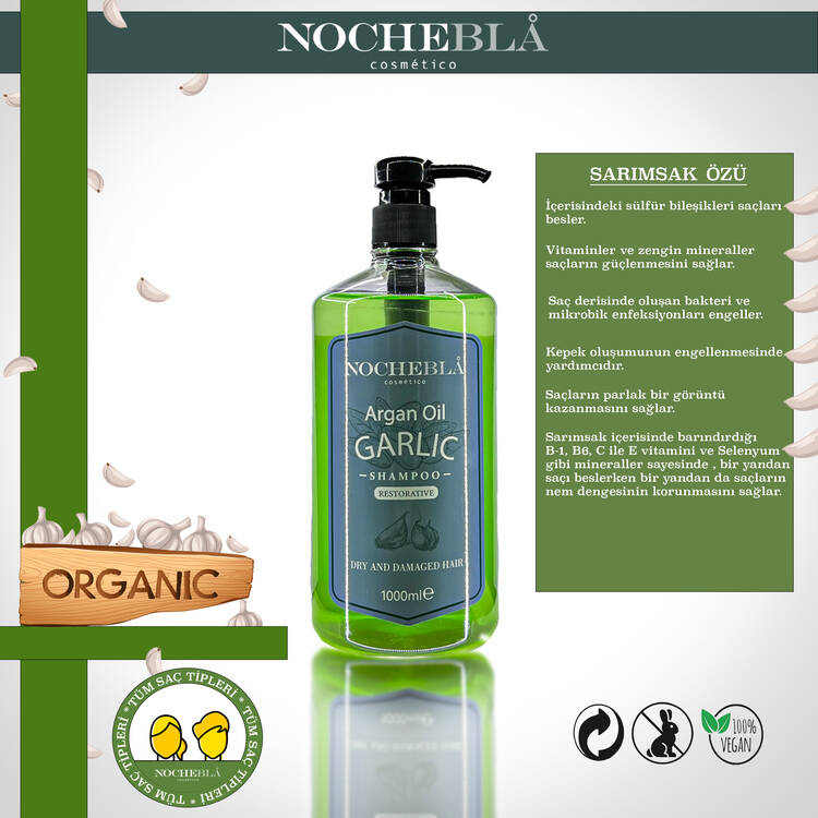 NOCHEBLA Organik Saç Dökülmesine Karşı Argan Yağlı ve Sarımsak Özlü Şampuan Kuru ve Hasarlı Saçlar İçin (1000 ml)