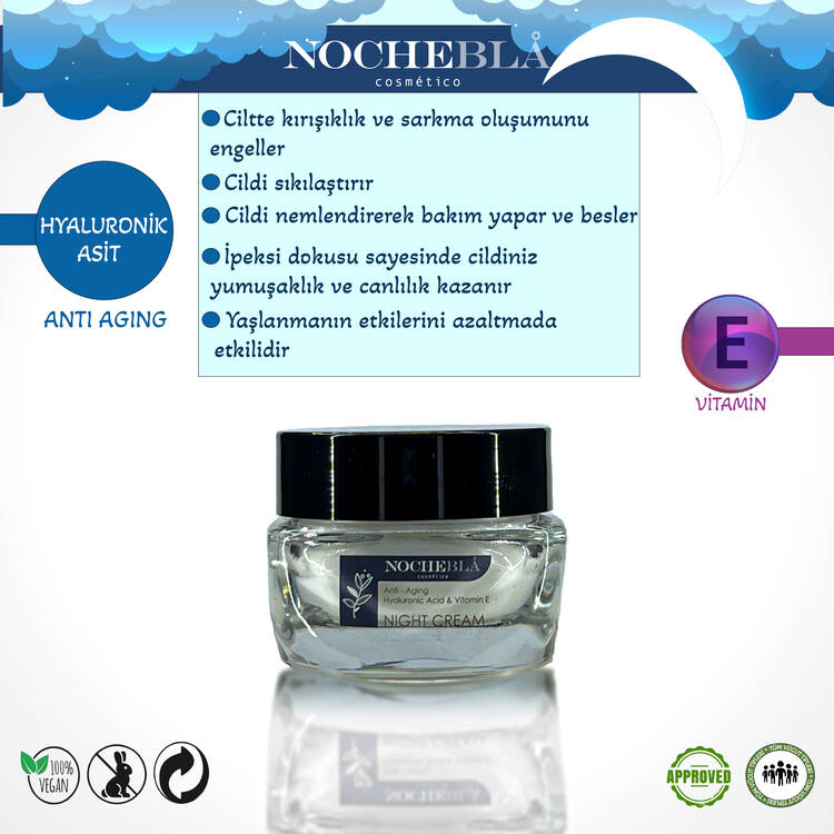 NOCHEBLA Vegan Yaşlanma Karşıtı Hyaluronik Asit ve E Vitamini Yüz & Vücut Gece Kremi (50 ml)